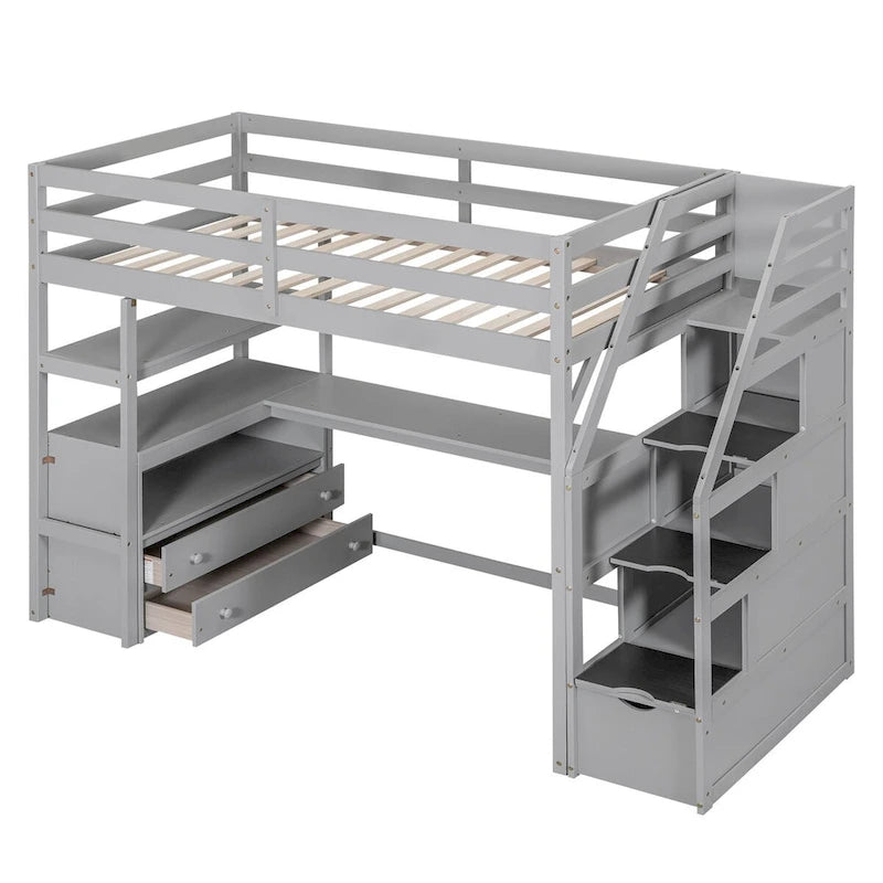 Lit mezzanine simple avec bureau, étagères et tiroirs – Gris/Blanc