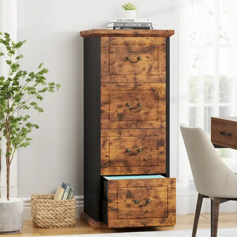 Classeur vertical à 4 tiroirs en bois Noyer / Noir marron / Gris pour bureau individuel