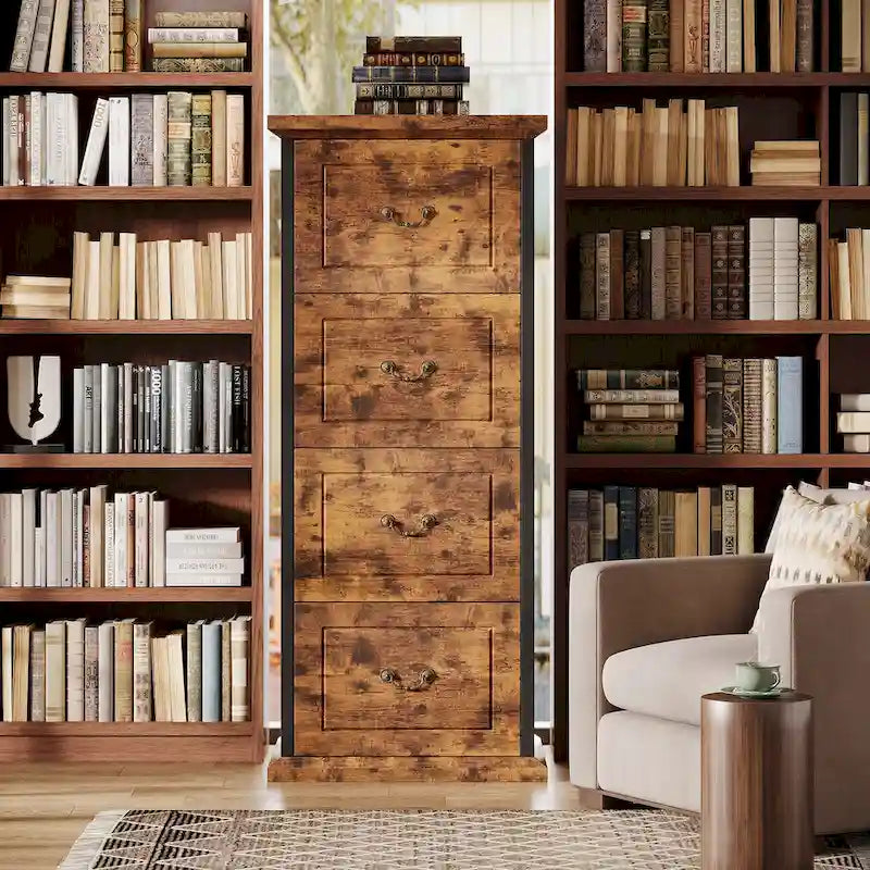 Classeur vertical à 4 tiroirs en bois Noyer / Noir marron / Gris pour bureau individuel