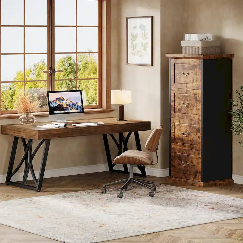 Classeur vertical à 4 tiroirs en bois Noyer / Noir marron / Gris pour bureau individuel