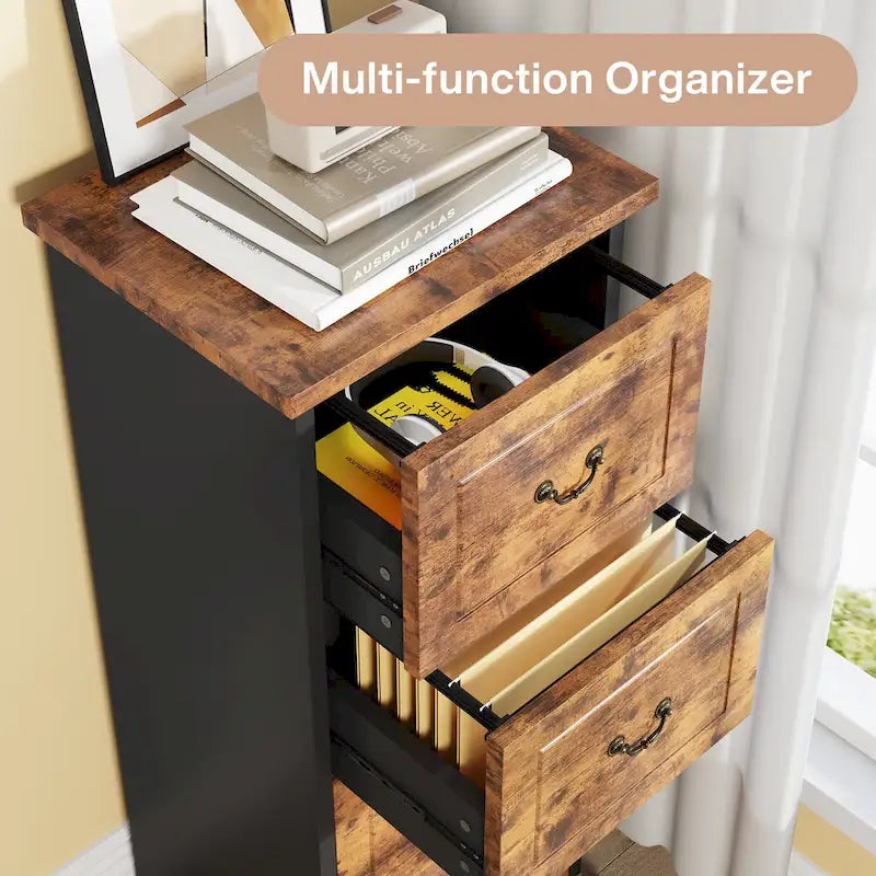 Classeur vertical à 4 tiroirs en bois Noyer / Noir marron / Gris pour bureau individuel