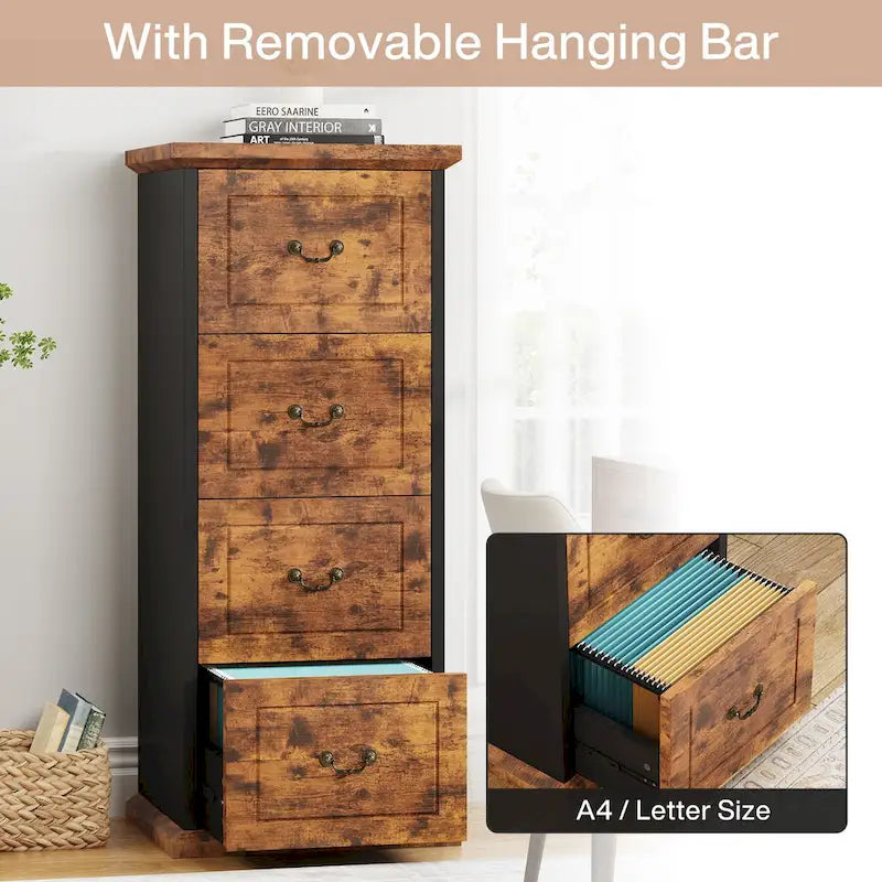 Classeur vertical à 4 tiroirs en bois Noyer / Noir marron / Gris pour bureau individuel