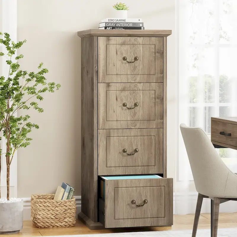 Classeur vertical à 4 tiroirs en bois Noyer / Noir marron / Gris pour bureau individuel