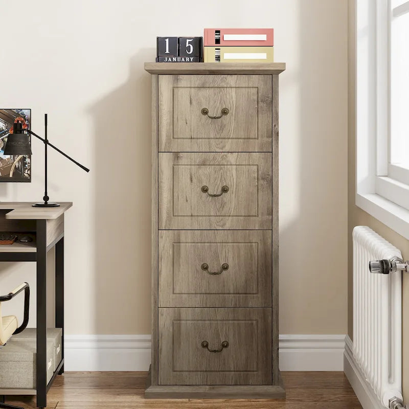 Classeur vertical à 4 tiroirs en bois Noyer / Noir marron / Gris pour bureau individuel