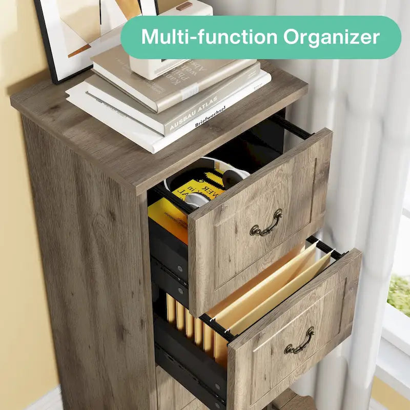Classeur vertical à 4 tiroirs en bois Noyer / Noir marron / Gris pour bureau individuel