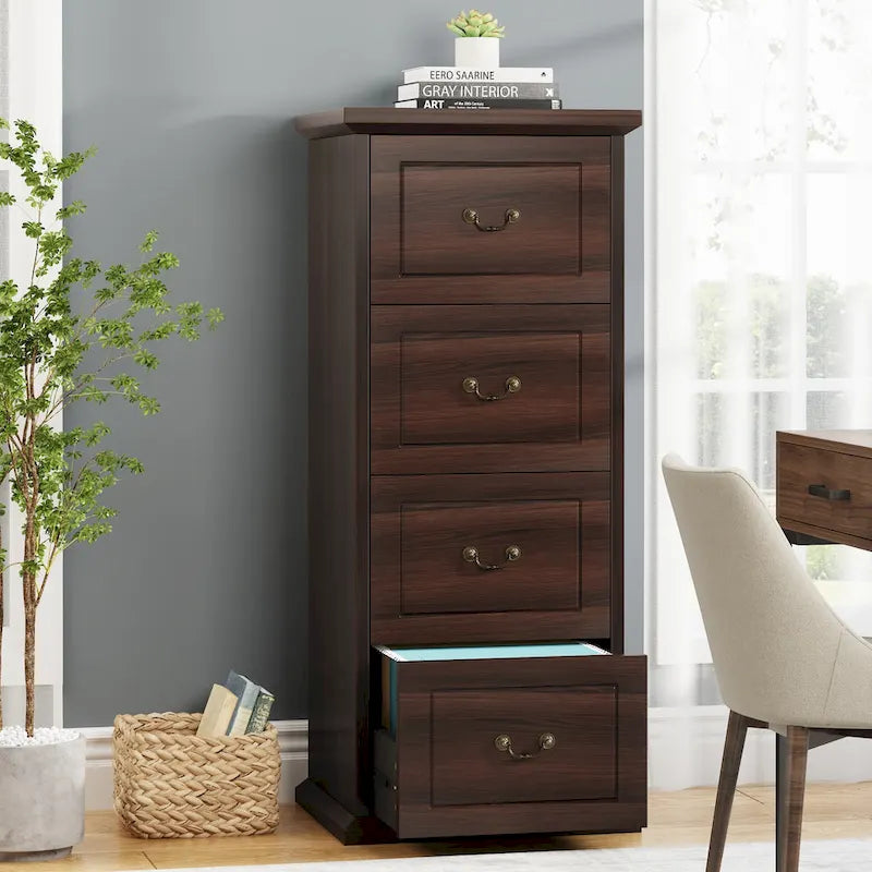 Classeur vertical à 4 tiroirs en bois Noyer / Noir marron / Gris pour bureau individuel
