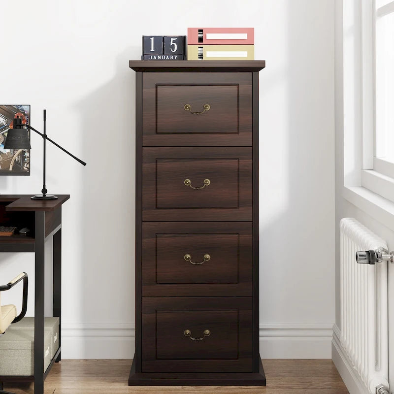 Classeur vertical à 4 tiroirs en bois Noyer / Noir marron / Gris pour bureau individuel