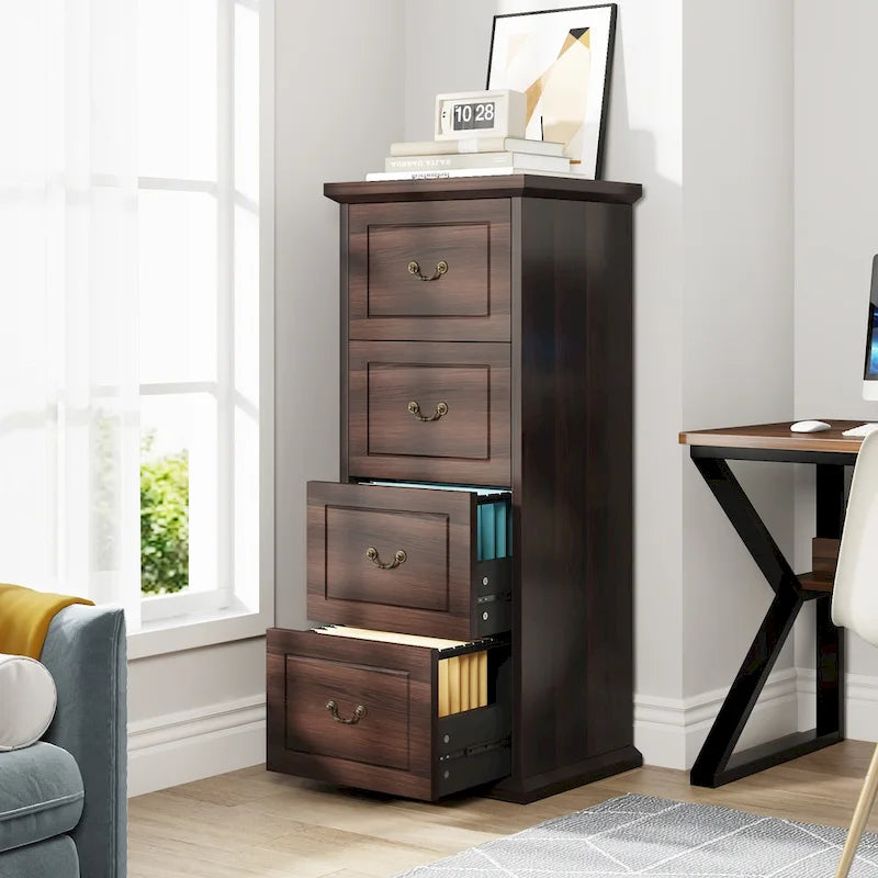Classeur vertical à 4 tiroirs en bois Noyer / Noir marron / Gris pour bureau individuel