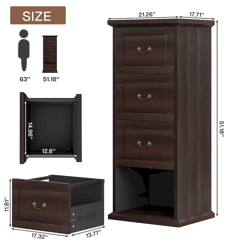 Classeur vertical à 4 tiroirs en bois Noyer / Noir marron / Gris pour bureau individuel