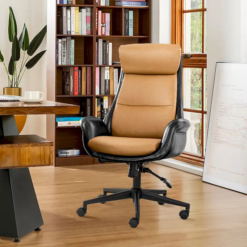 Fauteuil de bureau pivotant dossier haut en cuir PU noir/gris/café/chameau&noir, 1 personne