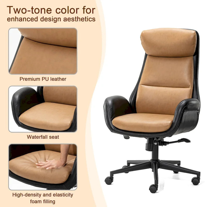 Fauteuil de bureau pivotant dossier haut en cuir PU noir/gris/café/chameau&noir, 1 personne