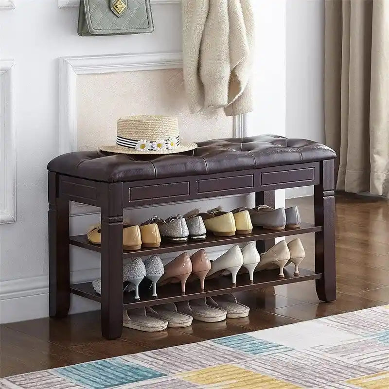 Banc de rangement pour chaussures 2 personnes, rembourré marron/noir, avec dessus relevable et étagère à 2 niveaux
