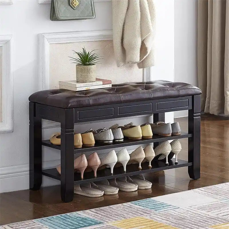 Banc de rangement pour chaussures 2 personnes, rembourré marron/noir, avec dessus relevable et étagère à 2 niveaux