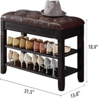 Banc de rangement pour chaussures 2 personnes, rembourré marron/noir, avec dessus relevable et étagère à 2 niveaux