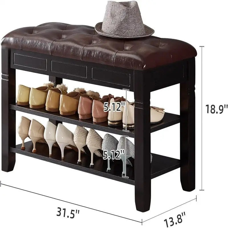 Banc de rangement pour chaussures 2 personnes, rembourré marron/noir, avec dessus relevable et étagère à 2 niveaux