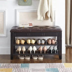 Banc de rangement pour chaussures 2 personnes, rembourré marron/noir, avec dessus relevable et étagère à 2 niveaux