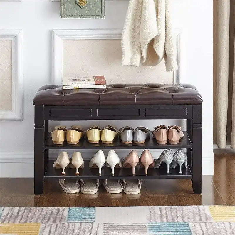 Banc de rangement pour chaussures 2 personnes, rembourré marron/noir, avec dessus relevable et étagère à 2 niveaux