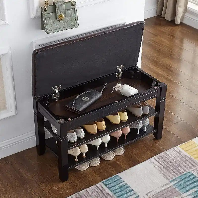 Banc de rangement pour chaussures 2 personnes, rembourré marron/noir, avec dessus relevable et étagère à 2 niveaux