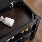 Banc de rangement pour chaussures 2 personnes, rembourré marron/noir, avec dessus relevable et étagère à 2 niveaux