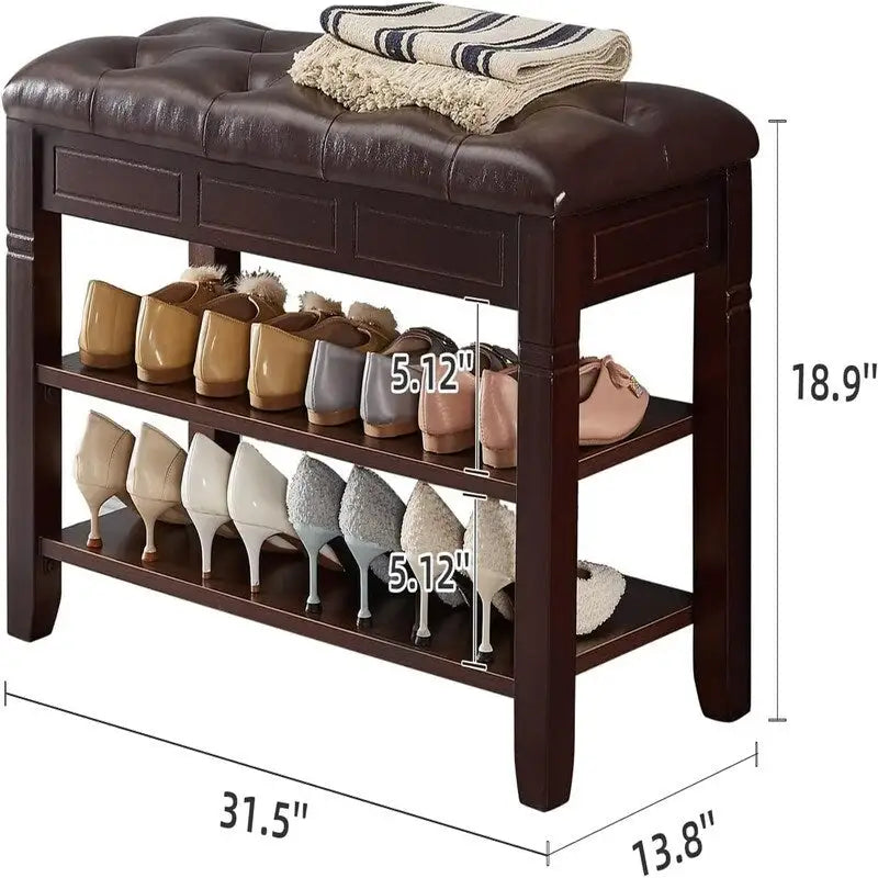 Banc de rangement pour chaussures 2 personnes, rembourré marron/noir, avec dessus relevable et étagère à 2 niveaux