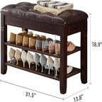 Banc de rangement pour chaussures 2 personnes, rembourré marron/noir, avec dessus relevable et étagère à 2 niveaux