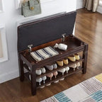 Banc de rangement pour chaussures 2 personnes, rembourré marron/noir, avec dessus relevable et étagère à 2 niveaux