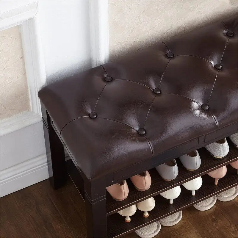Banc de rangement pour chaussures 2 personnes, rembourré marron/noir, avec dessus relevable et étagère à 2 niveaux