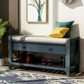 Banc d'entrée bleu/noyer avec coussin d'assise, 2 tiroirs et range-chaussures – 2 places