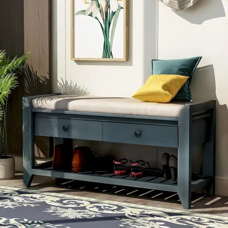 Banc d'entrée bleu/noyer avec coussin d'assise, 2 tiroirs et range-chaussures – 2 places