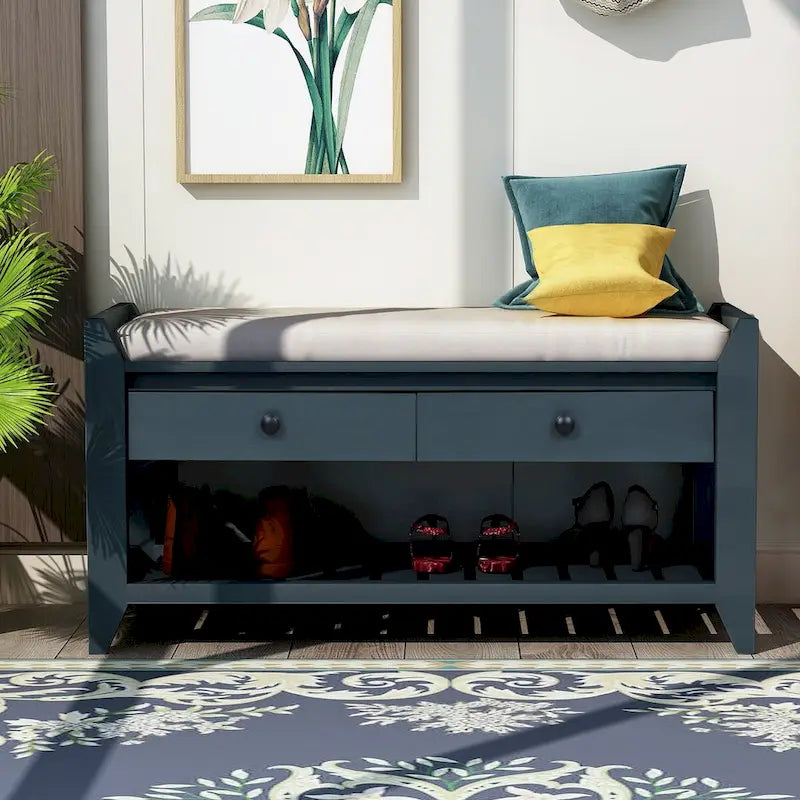 Banc d'entrée bleu/noyer avec coussin d'assise, 2 tiroirs et range-chaussures – 2 places