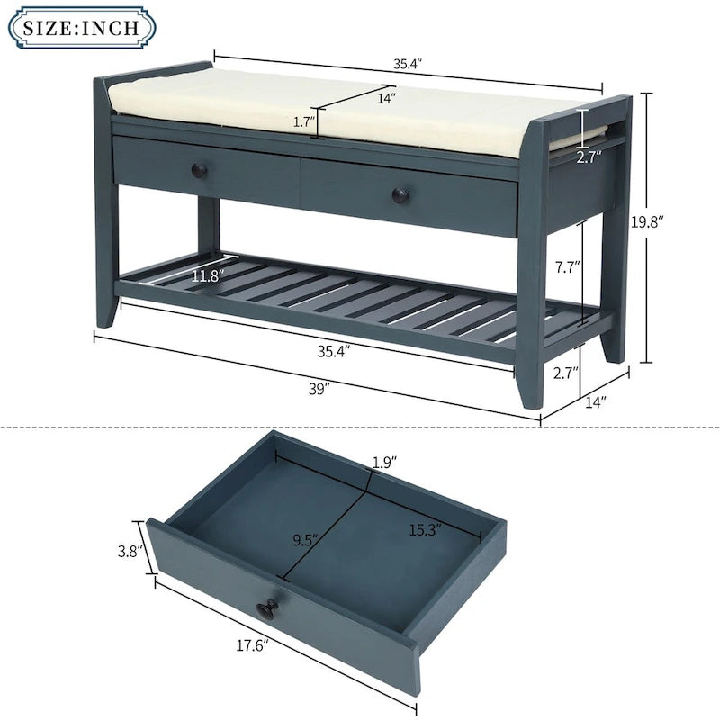 Banc d'entrée bleu/noyer avec coussin d'assise, 2 tiroirs et range-chaussures – 2 places