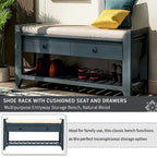 Banc d'entrée bleu/noyer avec coussin d'assise, 2 tiroirs et range-chaussures – 2 places