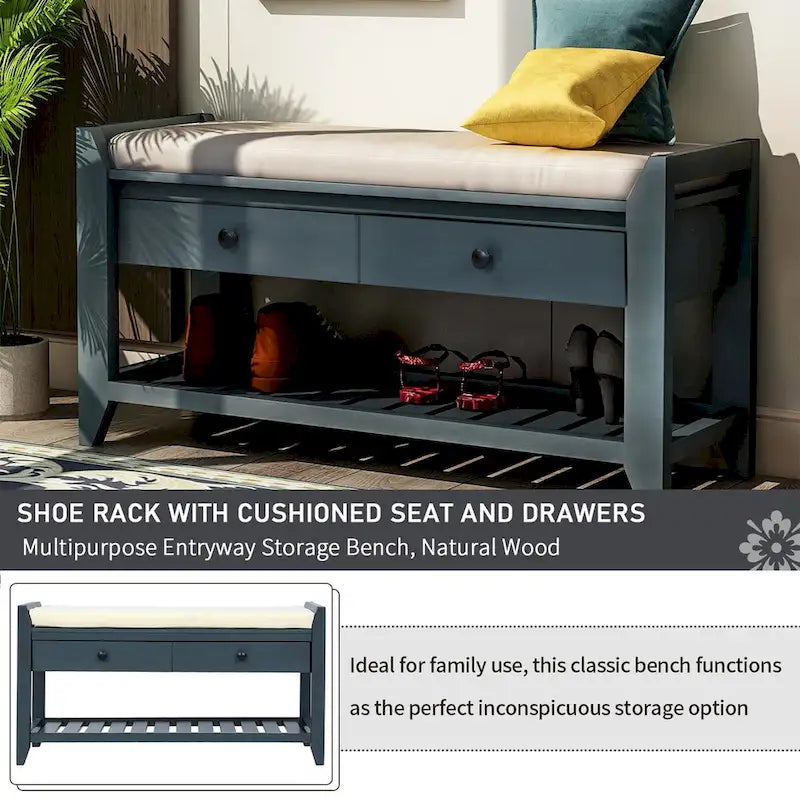 Banc d'entrée bleu/noyer avec coussin d'assise, 2 tiroirs et range-chaussures – 2 places