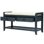 Banc d'entrée bleu/noyer avec coussin d'assise, 2 tiroirs et range-chaussures – 2 places