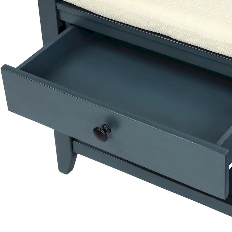 Banc d'entrée bleu/noyer avec coussin d'assise, 2 tiroirs et range-chaussures – 2 places