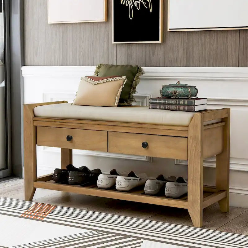 Banc d'entrée bleu/noyer avec coussin d'assise, 2 tiroirs et range-chaussures – 2 places