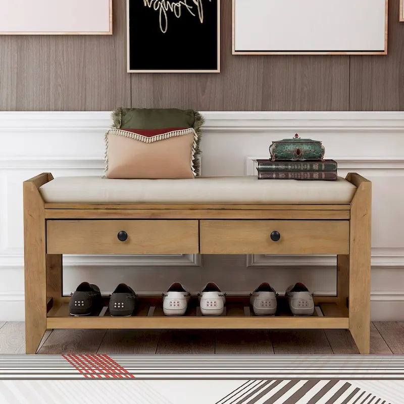 Banc d'entrée bleu/noyer avec coussin d'assise, 2 tiroirs et range-chaussures – 2 places