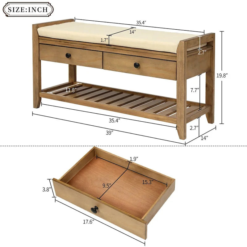Banc d'entrée bleu/noyer avec coussin d'assise, 2 tiroirs et range-chaussures – 2 places