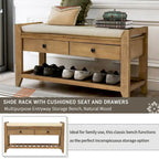 Banc d'entrée bleu/noyer avec coussin d'assise, 2 tiroirs et range-chaussures – 2 places