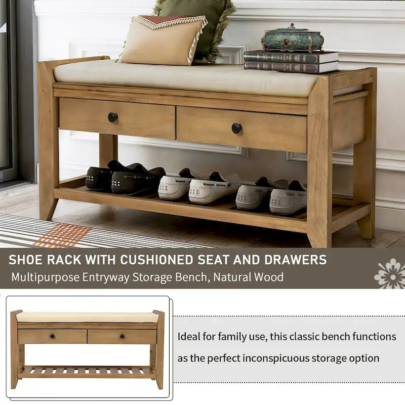 Banc d'entrée bleu/noyer avec coussin d'assise, 2 tiroirs et range-chaussures – 2 places