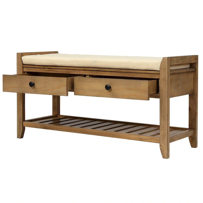 Banc d'entrée bleu/noyer avec coussin d'assise, 2 tiroirs et range-chaussures – 2 places