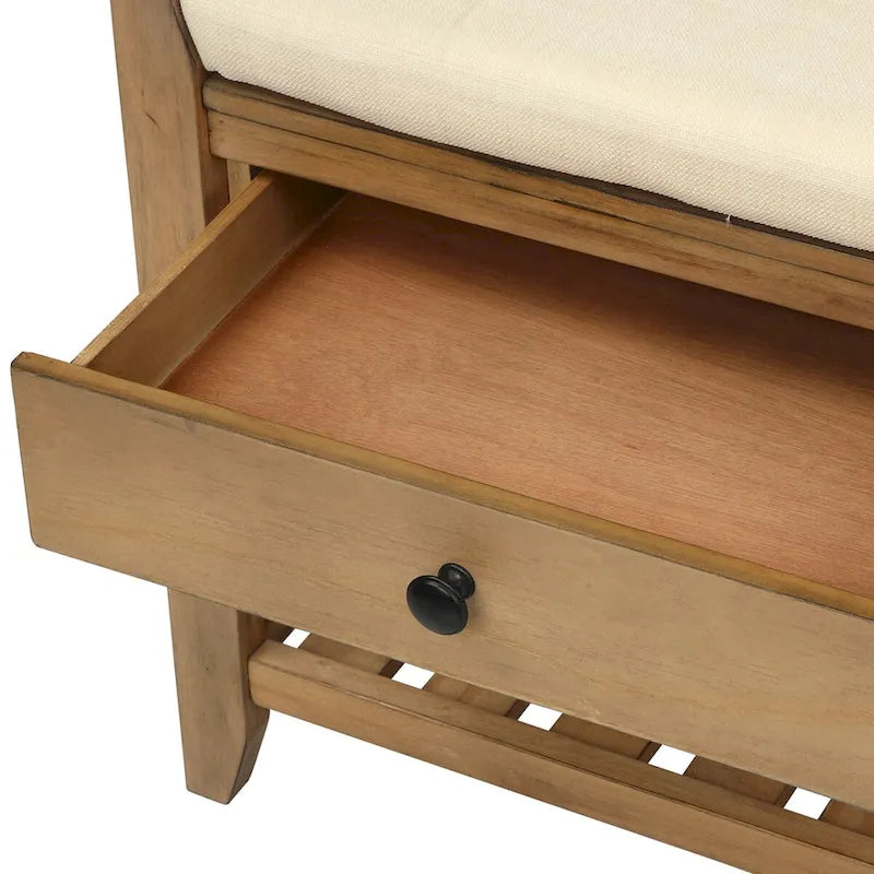 Banc d'entrée bleu/noyer avec coussin d'assise, 2 tiroirs et range-chaussures – 2 places