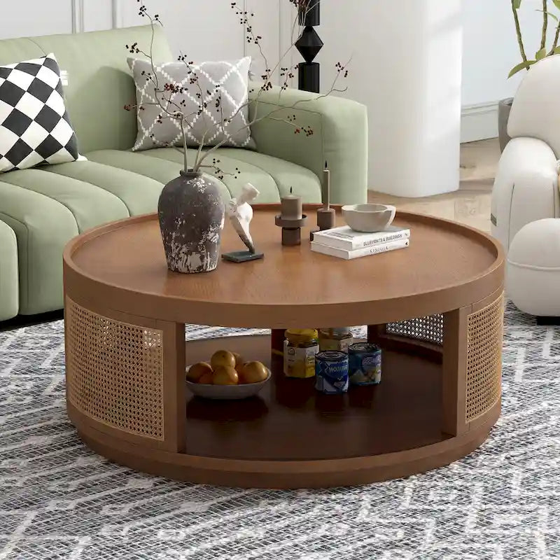 Table basse ronde en rotin marron, assemblage par 2 personnes