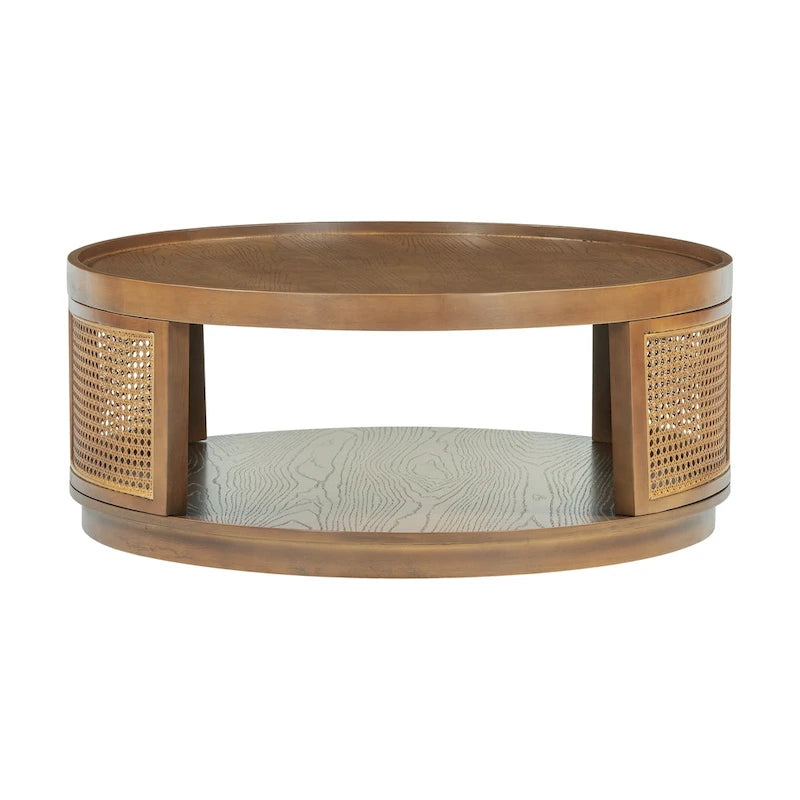 Table basse ronde en rotin marron, assemblage par 2 personnes