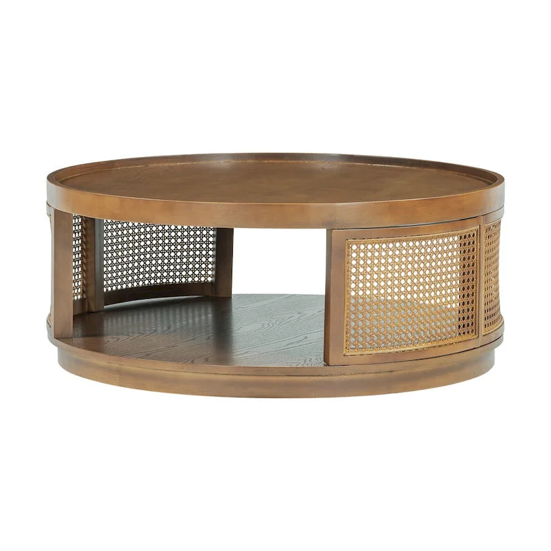 Table basse ronde en rotin marron, assemblage par 2 personnes