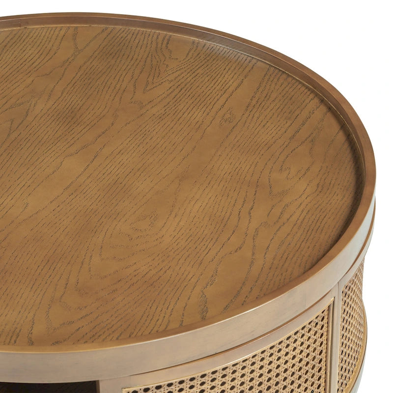 Table basse ronde en rotin marron, assemblage par 2 personnes