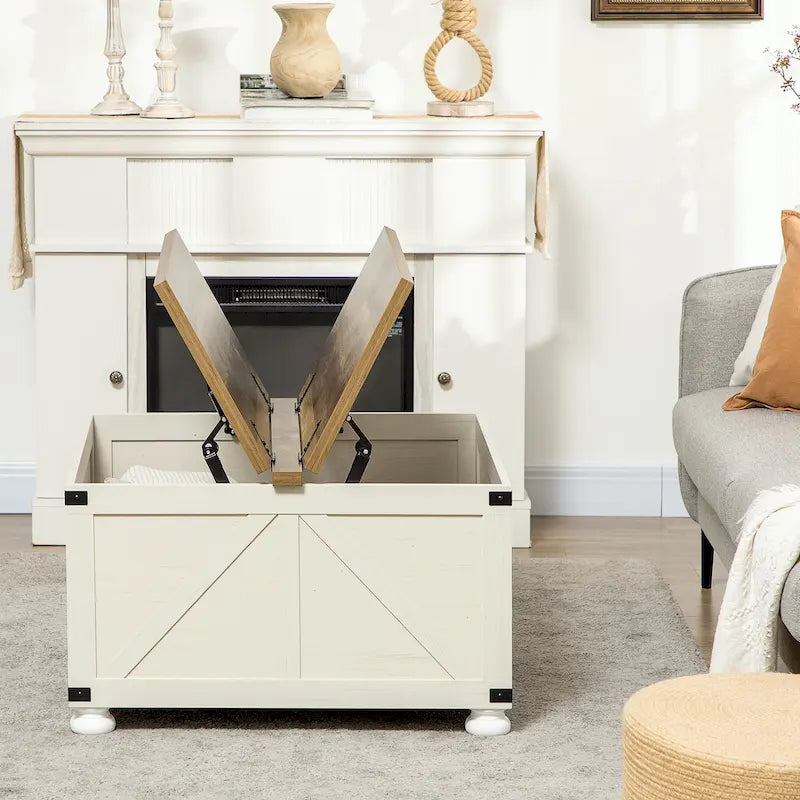 Table basse carrée à plateau relevable avec rangement dissimulé, coloris blanc antique/naturel/blanc