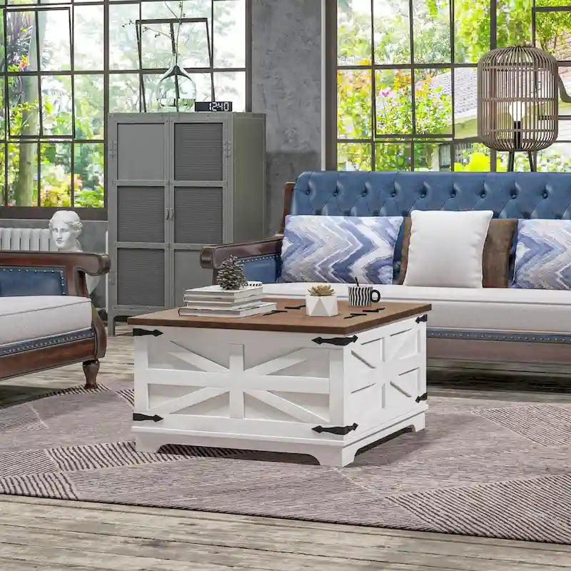Table basse carrée à plateau relevable avec rangement dissimulé, coloris blanc antique/naturel/blanc