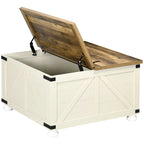 Table basse carrée à plateau relevable avec rangement dissimulé, coloris blanc antique/naturel/blanc