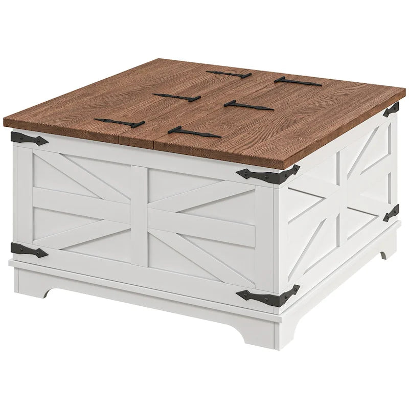 Table basse carrée à plateau relevable avec rangement dissimulé, coloris blanc antique/naturel/blanc